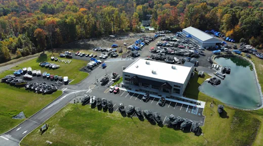Aerial drone shot of boats and marina