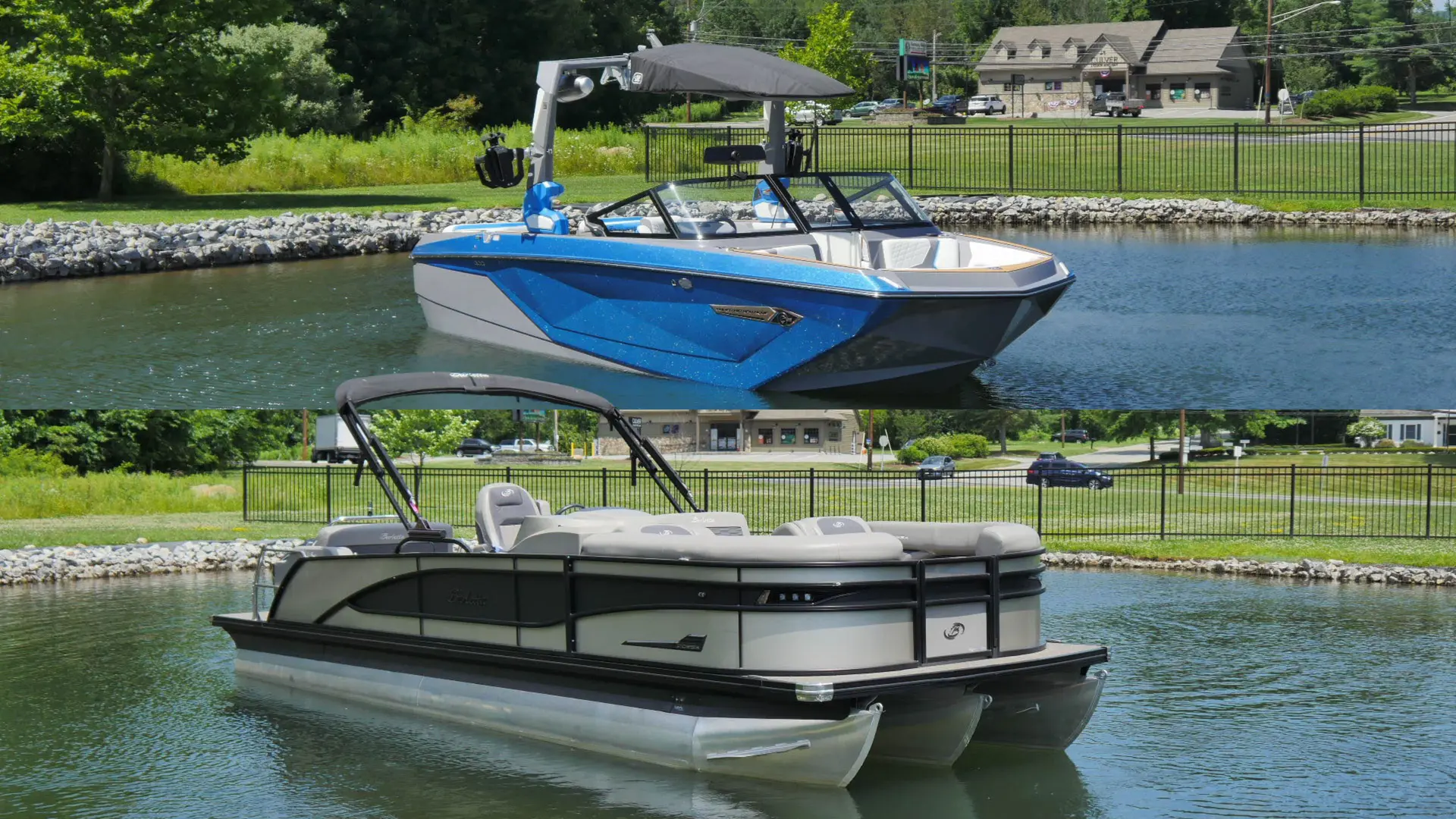 A Pre-Owned Nautique G23 and Pre-Owned Barletta Corsa 25UE on Off Shore Marine's Pond